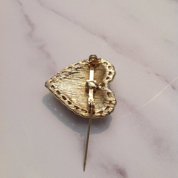 Gold Heart Shaped Brooch PENDANT Swarovski Rivoli Aurora Borealis Crystals - Picture 7 of 12